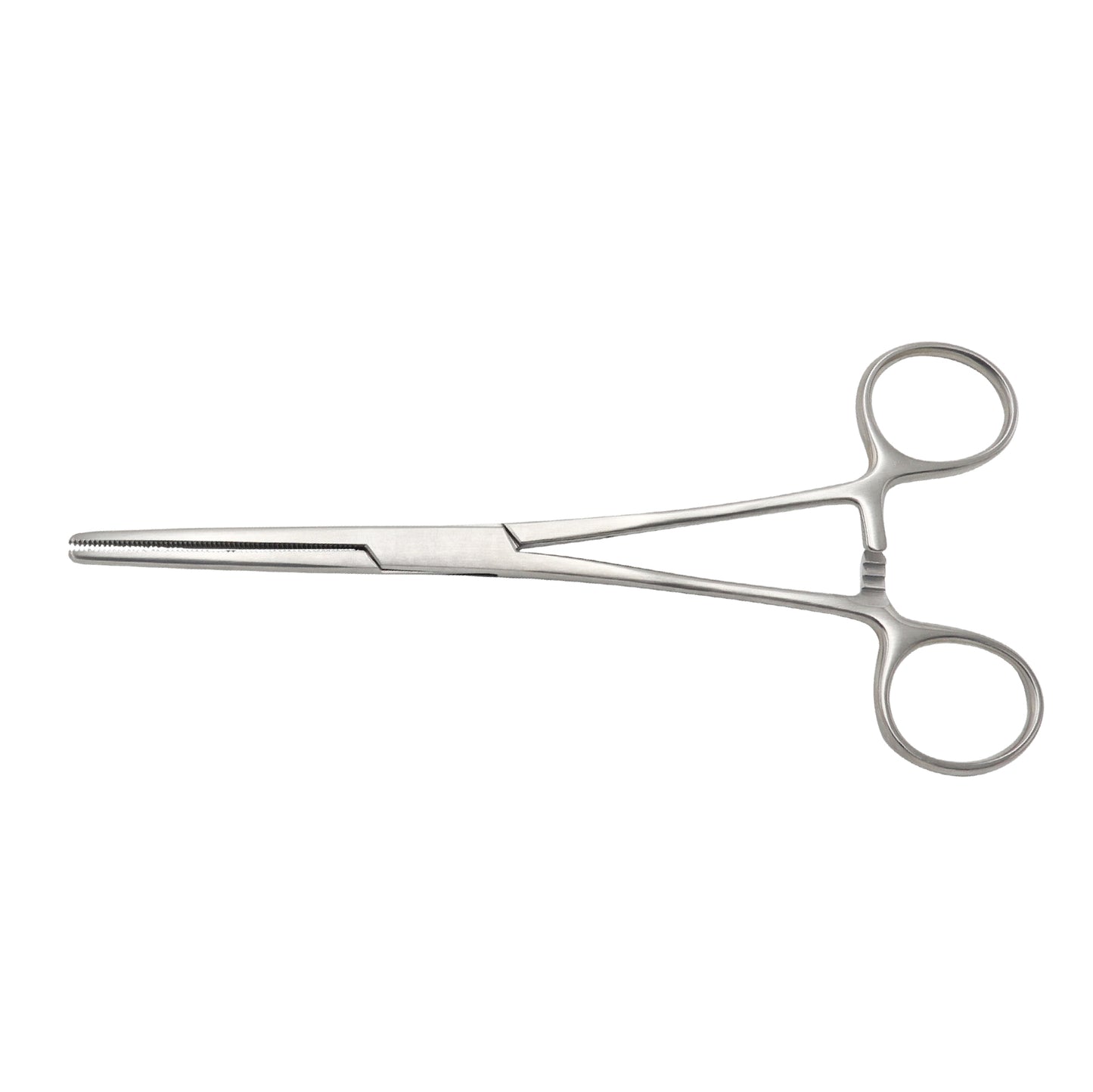 Straight Rochester-Pean Hemostatic Forceps made of stainless steel with fully serrated jaws and ratchet locking handle for surgical use.