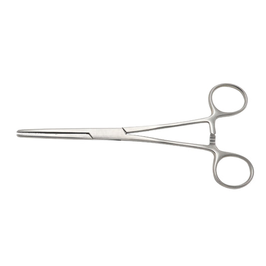 Straight Rochester-Pean Hemostatic Forceps made of stainless steel with fully serrated jaws and ratchet locking handle for surgical use.