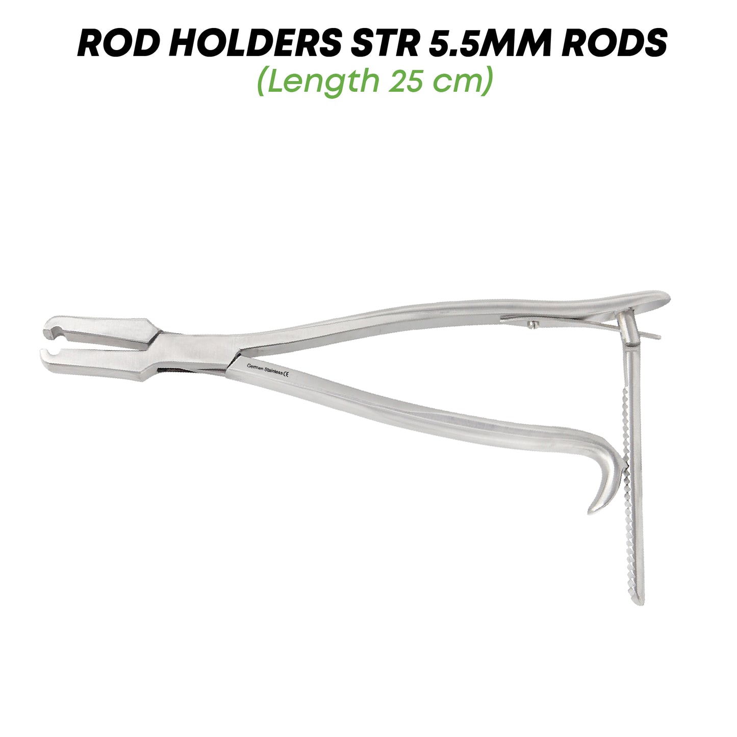 Straight Rod Holder STR surgical instrument for 5.5mm spinal rods, 25cm length, stainless steel medical tool with ratchet lock