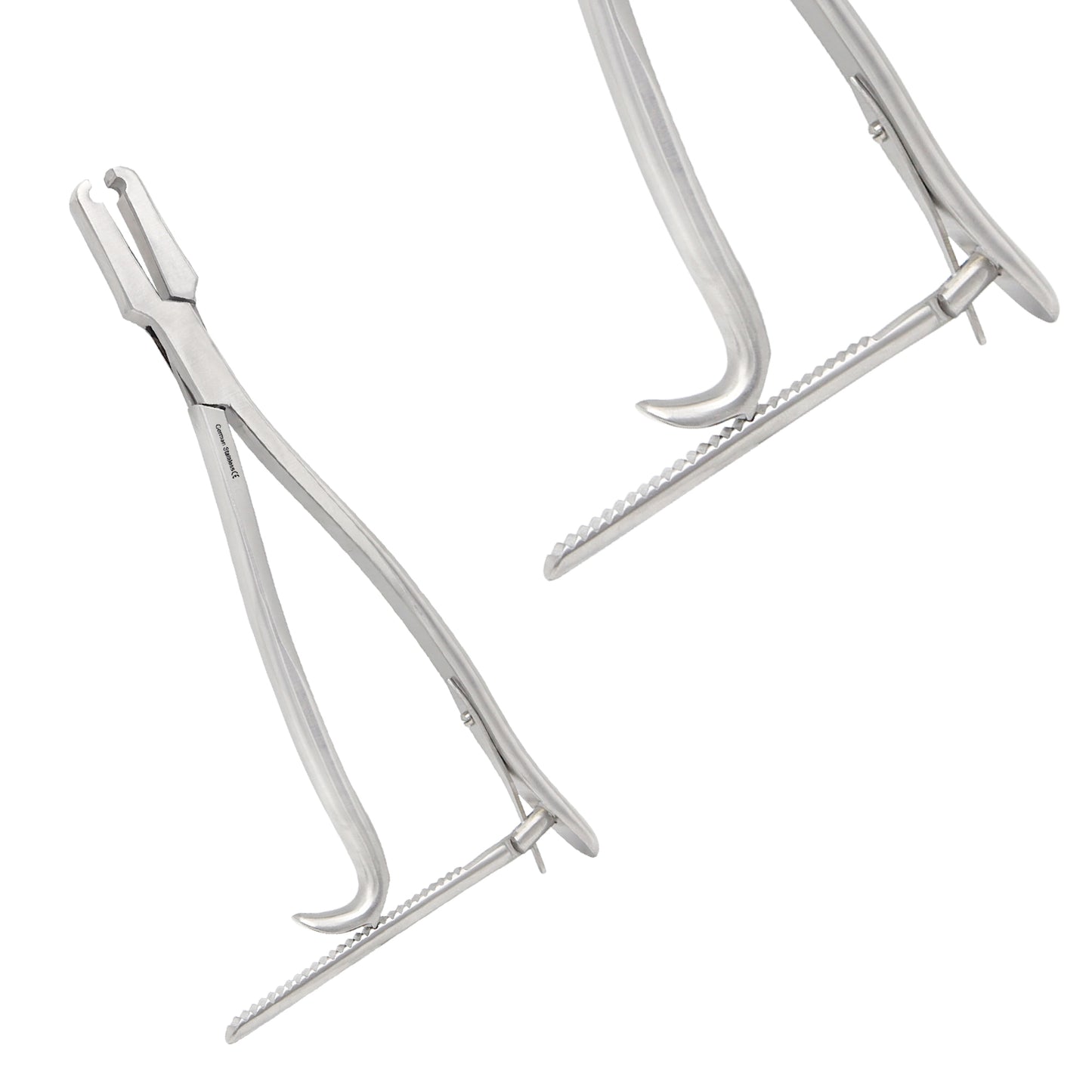 Two views of a stainless steel straight rod holder orthopedic spinal surgery instrument showing a locking ratchet handle and serrated jaws.
