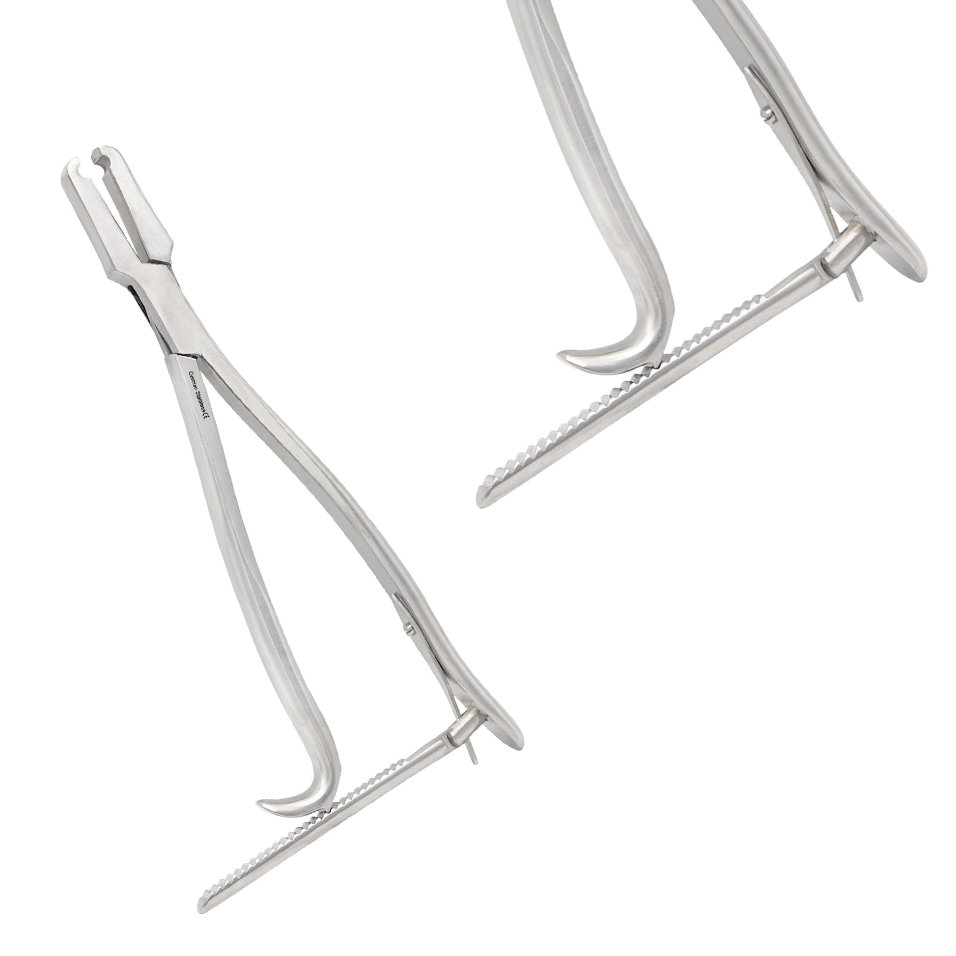 Two views of a stainless steel straight rod holder orthopedic spinal surgery instrument showing a locking ratchet handle and serrated jaws.