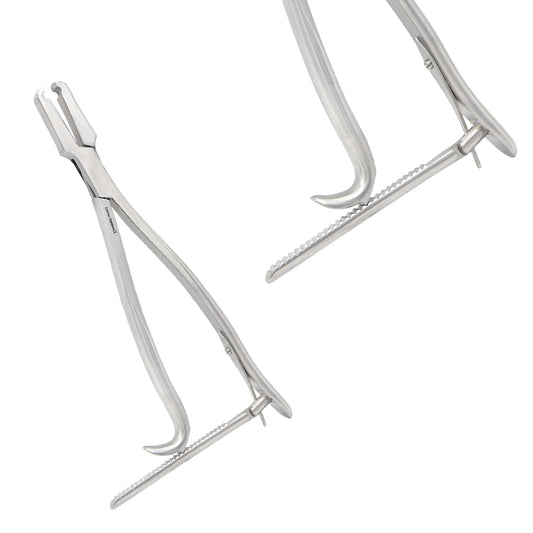Two views of a stainless steel straight rod holder orthopedic spinal surgery instrument showing a locking ratchet handle and serrated jaws.