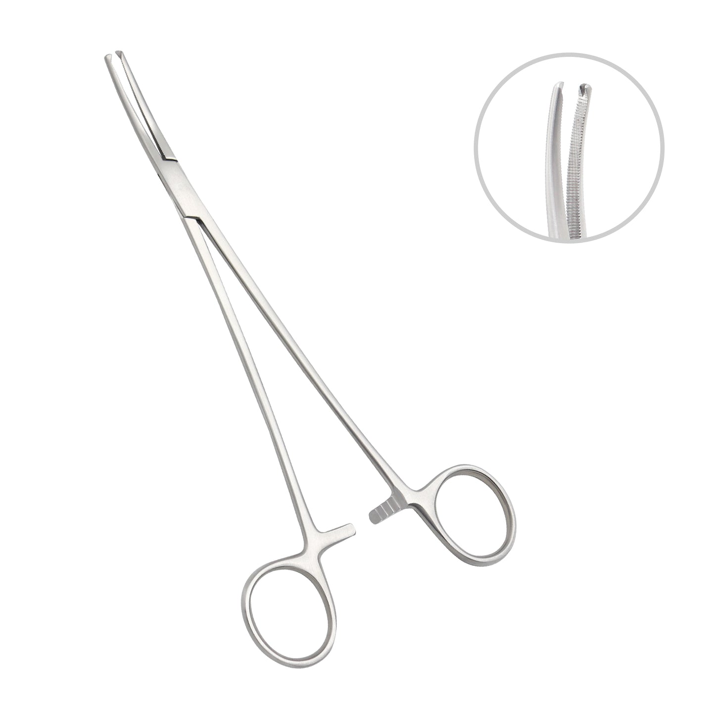 Medical grade stainless steel Rogers Hysterectomy Forceps with curved serrated jaws, 1x2 rat-tooth tips, and a ratchet locking handle, shown on a white background.