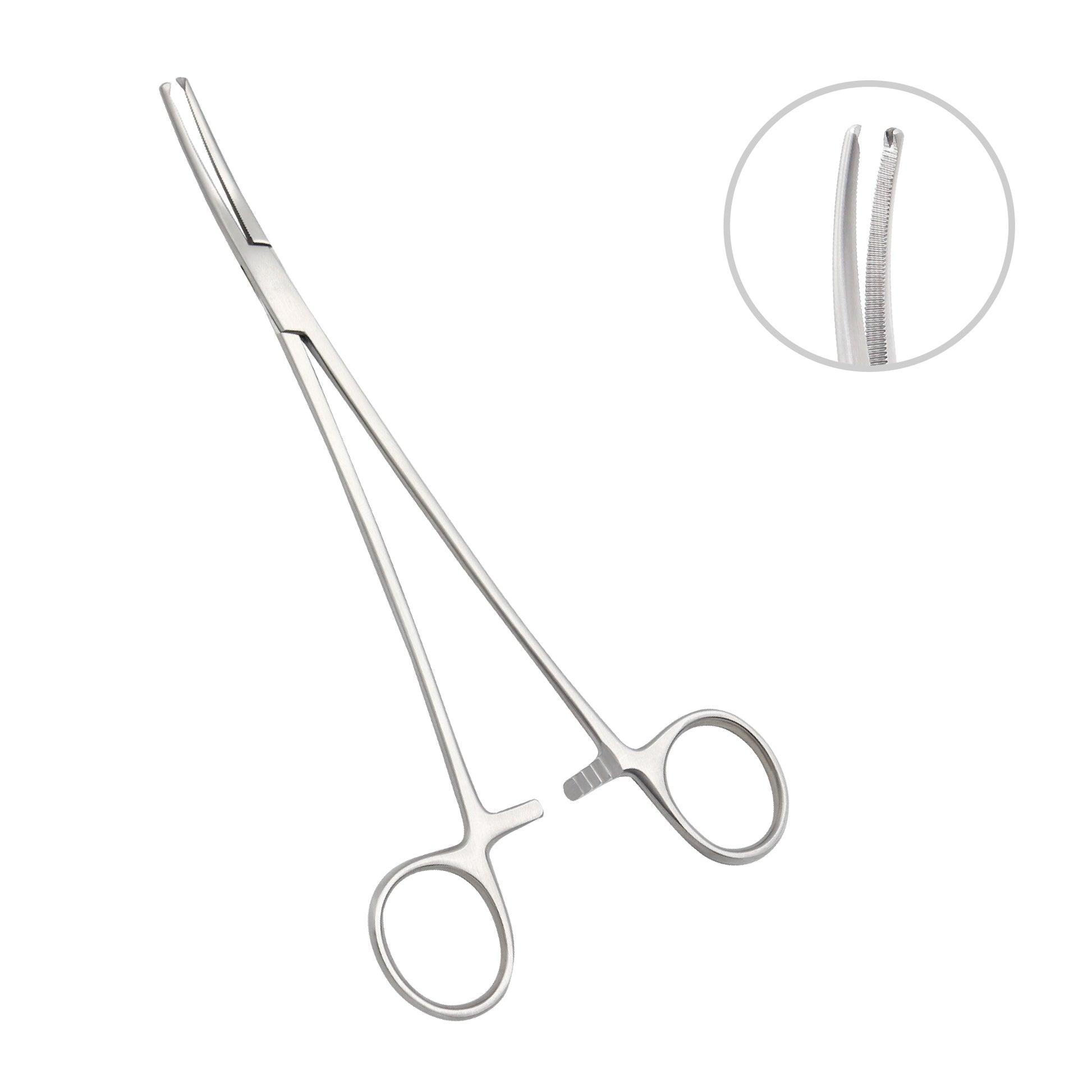 Medical grade stainless steel Rogers Hysterectomy Forceps with curved serrated jaws, 1x2 rat-tooth tips, and a ratchet locking handle, shown on a white background.