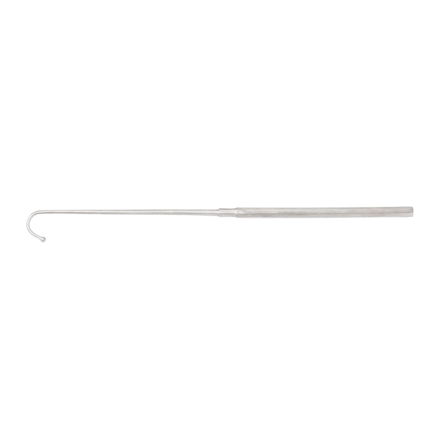 A Rosser Crypt Hook stainless steel surgical instrument with a long, slender body and a curved tip, isolated on a solid white background.
