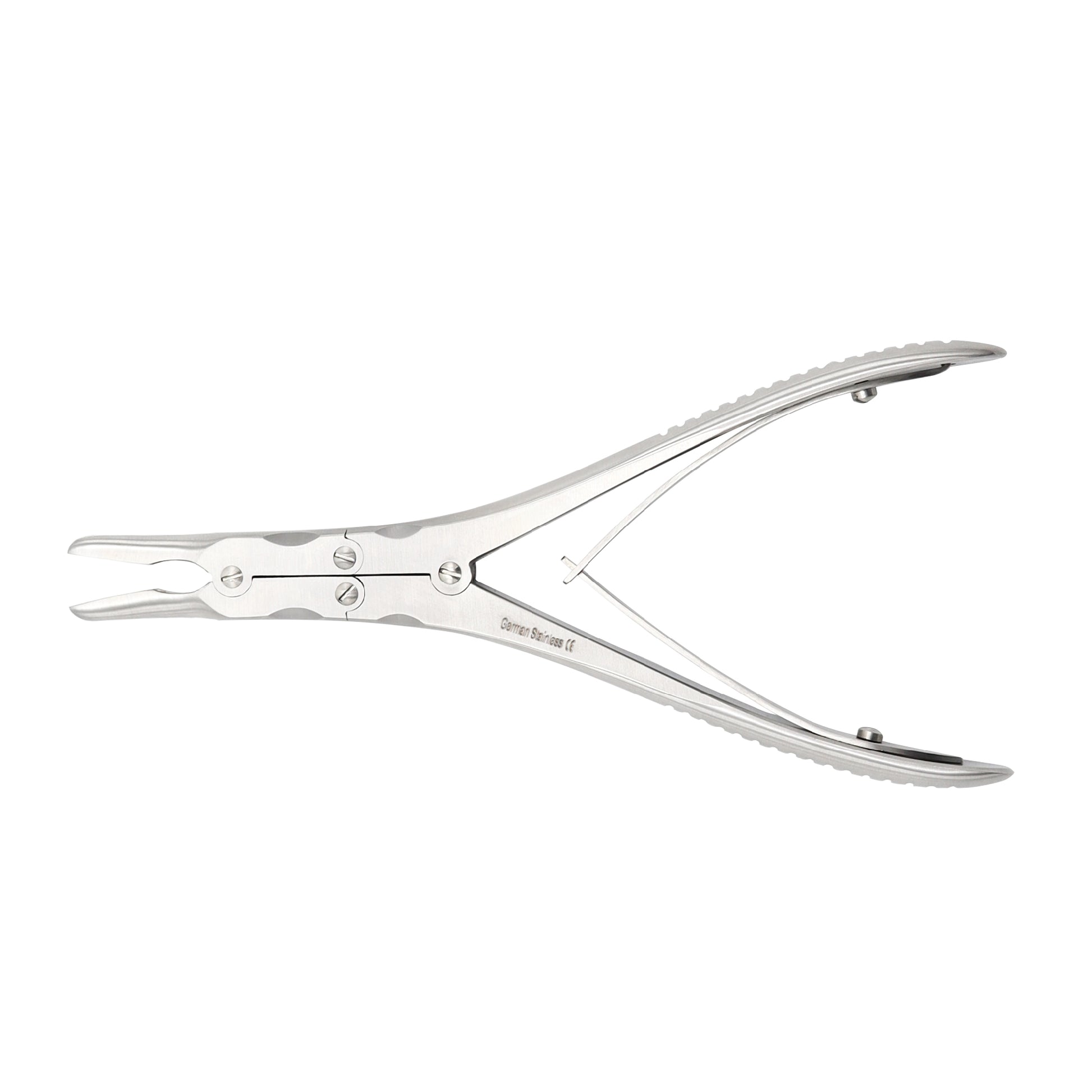 Medical-grade stainless steel Ruskin bone rongeur featuring a double-action hinge design and sharp, scoop-shaped jaws for precise bone cutting in orthopedic surgery.
