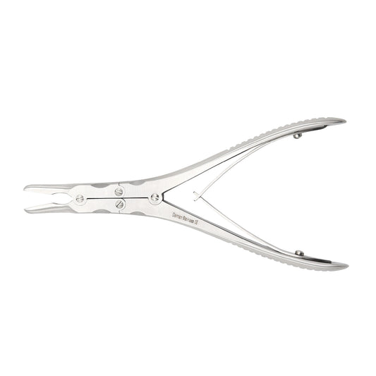 Medical-grade stainless steel Ruskin bone rongeur featuring a double-action hinge design and sharp, scoop-shaped jaws for precise bone cutting in orthopedic surgery.