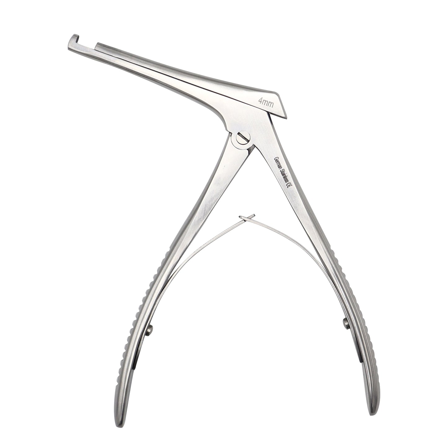 Stainless steel Schlesinger cervical rongeur bone punch with a 4mm bite and spring handle for spinal surgery.