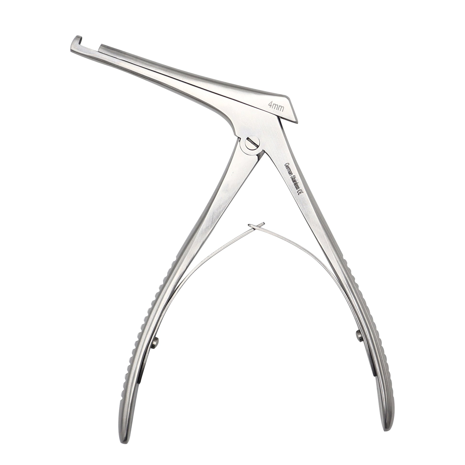 Stainless steel Schlesinger cervical rongeur bone punch with a 4mm bite and spring handle for spinal surgery.