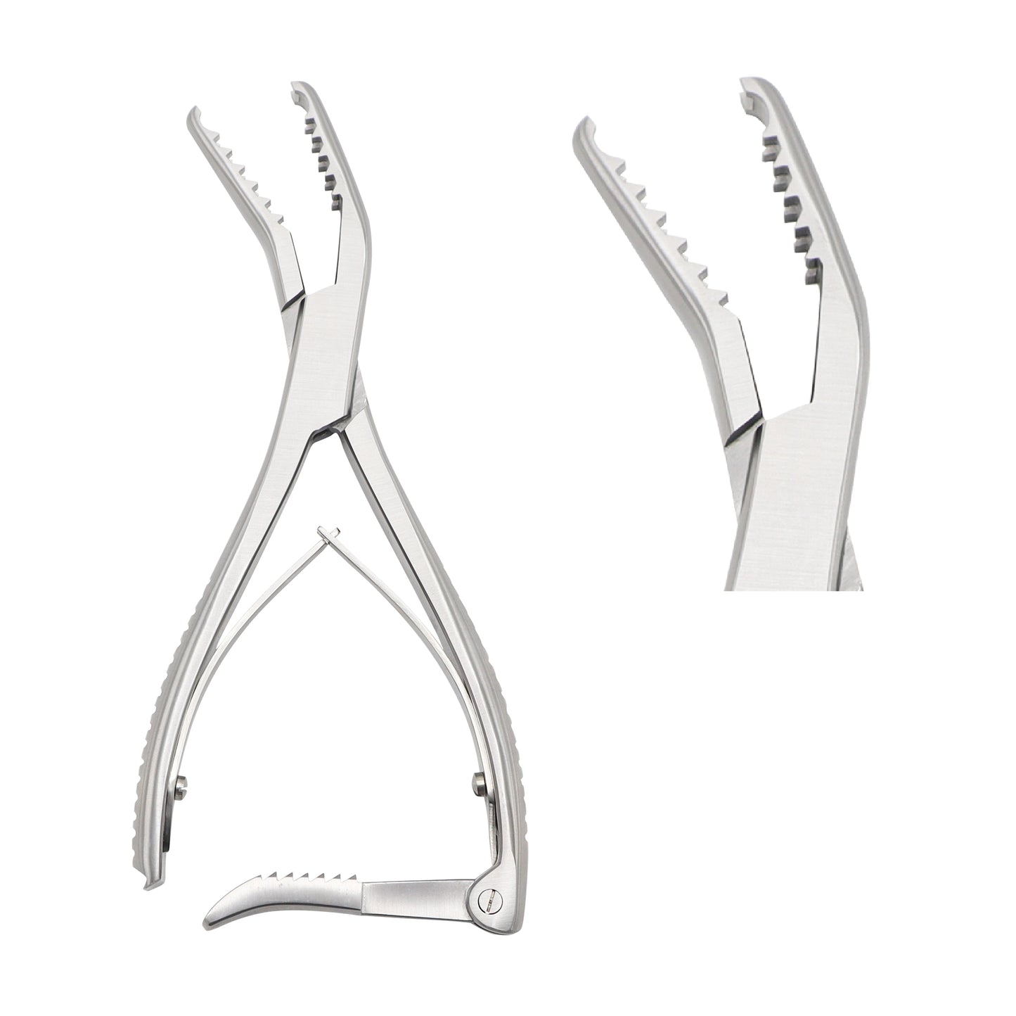 Semb bone holding forceps featuring deeply serrated jaws, a curved profile, and a ratchet locking mechanism for secure bone manipulation during orthopedic surgery.