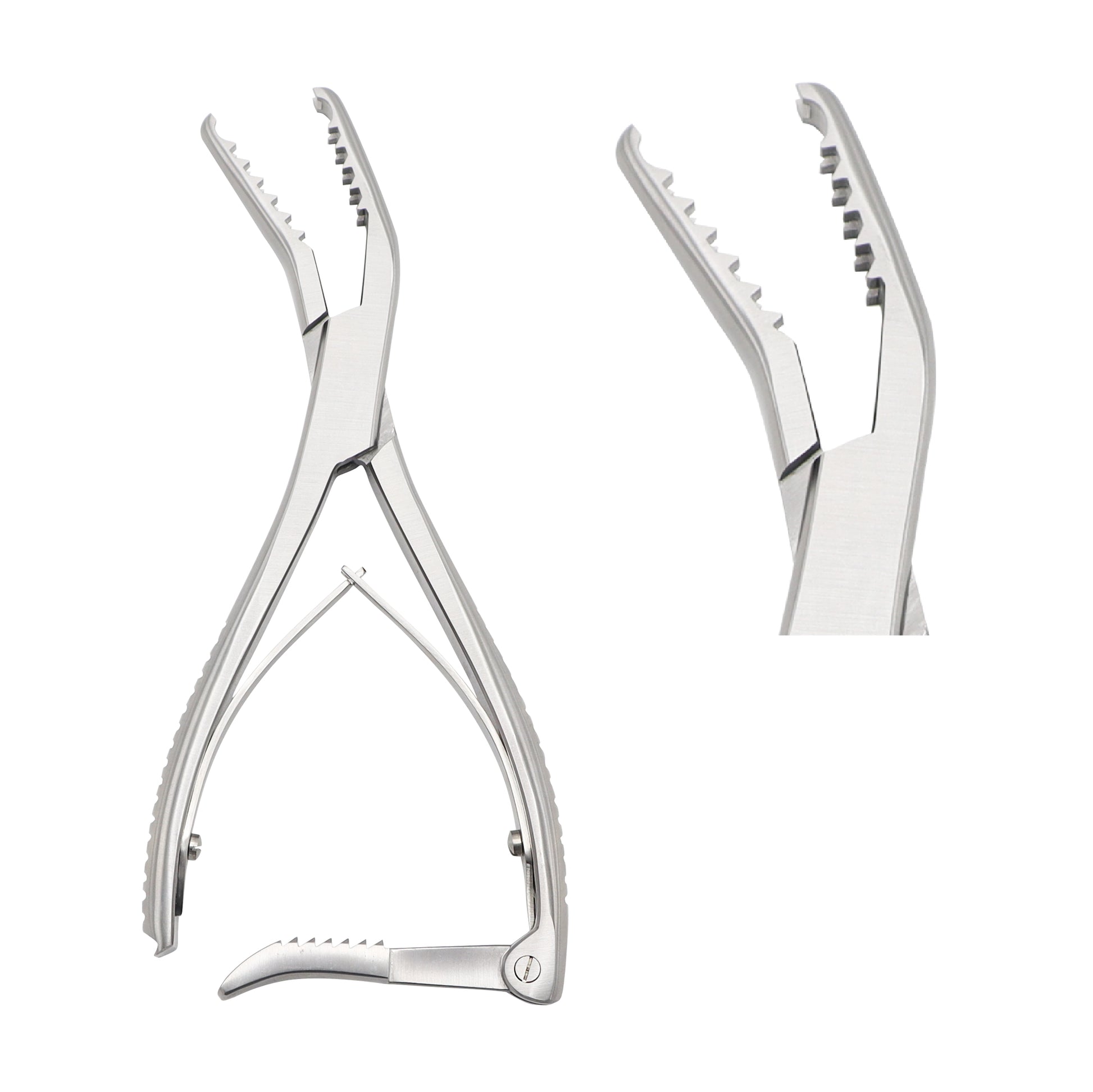 Semb bone holding forceps featuring deeply serrated jaws, a curved profile, and a ratchet locking mechanism for secure bone manipulation during orthopedic surgery.