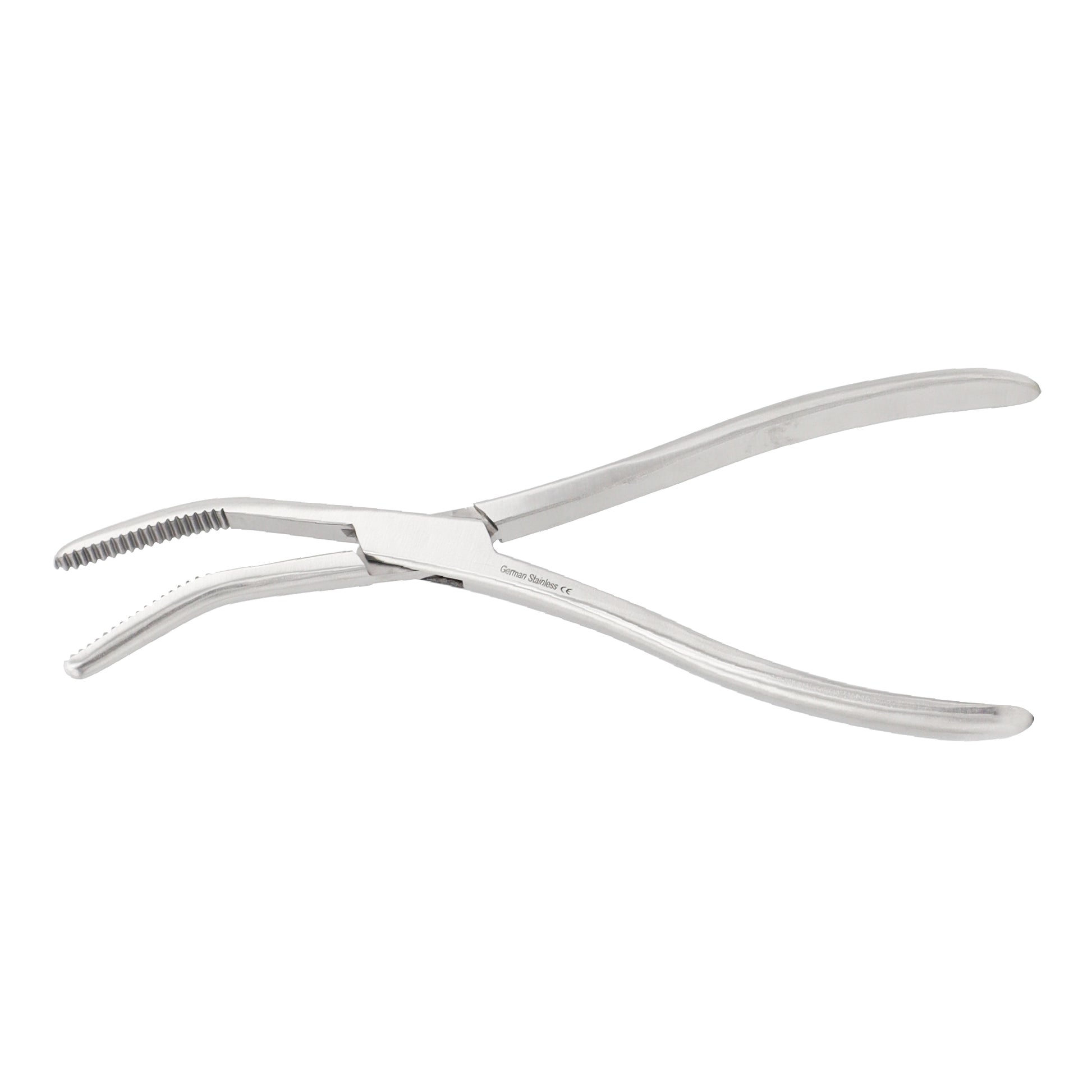 Curved Sequestrum Bone Forceps made of surgical-grade stainless steel with serrated jaws and a satin finish, used for holding and manipulating bone fragments in orthopedic surgery.