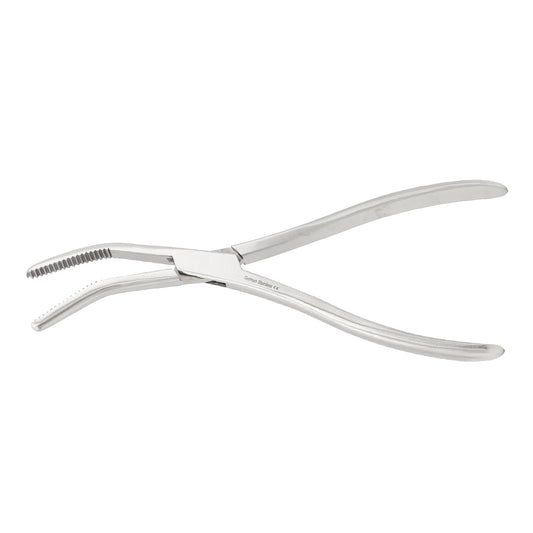 Curved Sequestrum Bone Forceps made of surgical-grade stainless steel with serrated jaws and a satin finish, used for holding and manipulating bone fragments in orthopedic surgery.