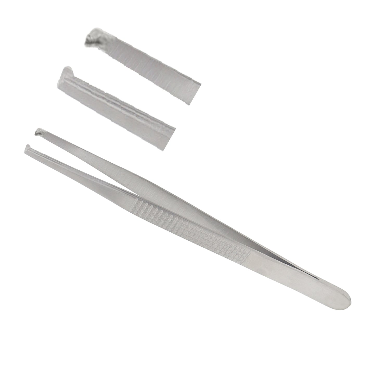 Set of metal tweezers on a white background