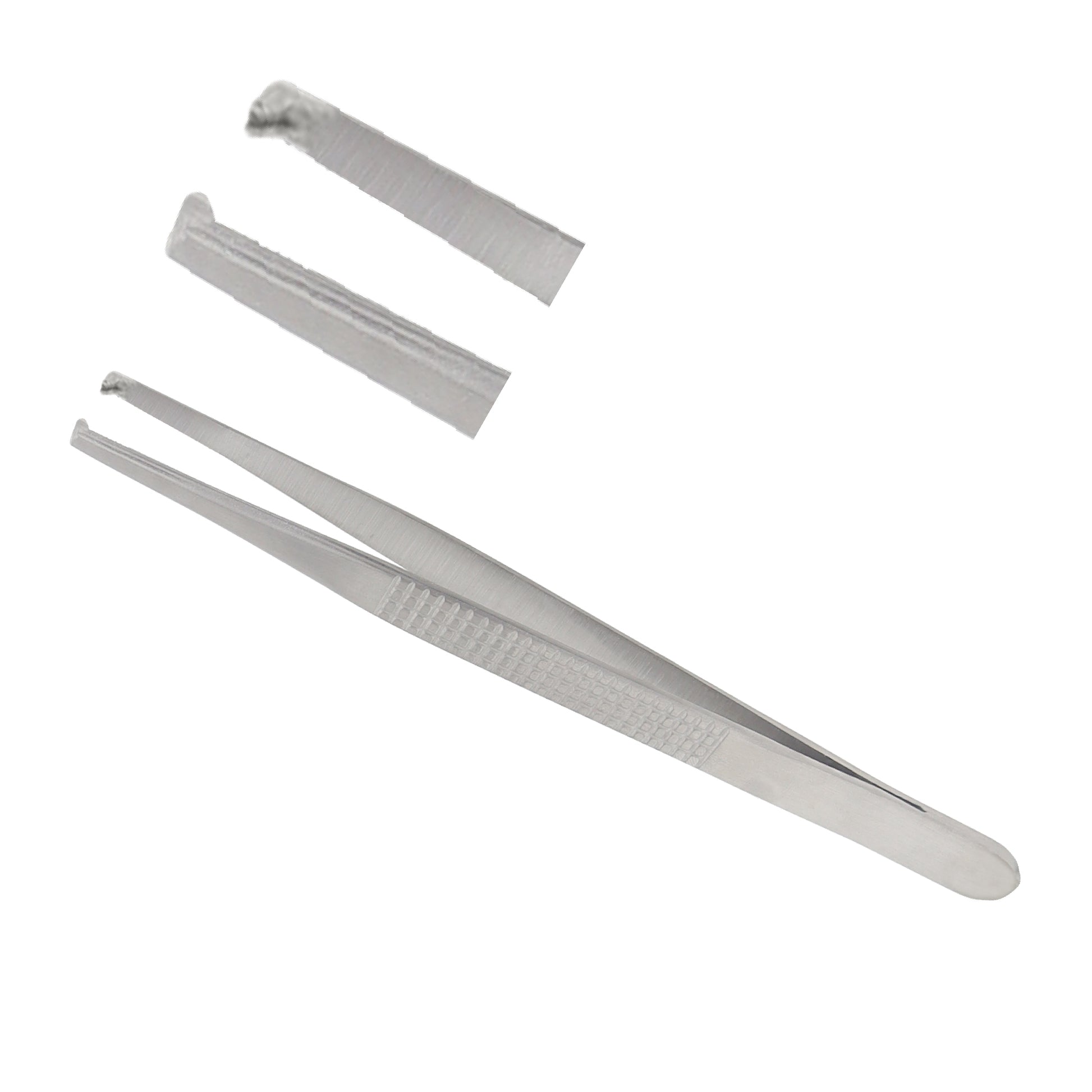 Set of metal tweezers on a white background