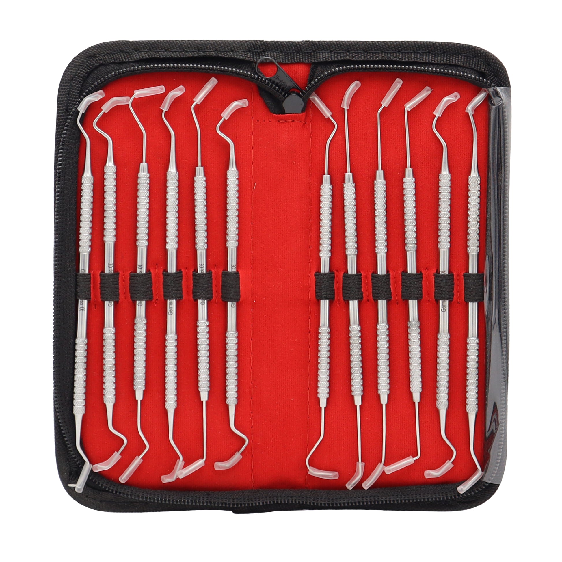 A set of 12 stainless steel dental probe pick tools in various sizes, displayed neatly in a black case with red lining.