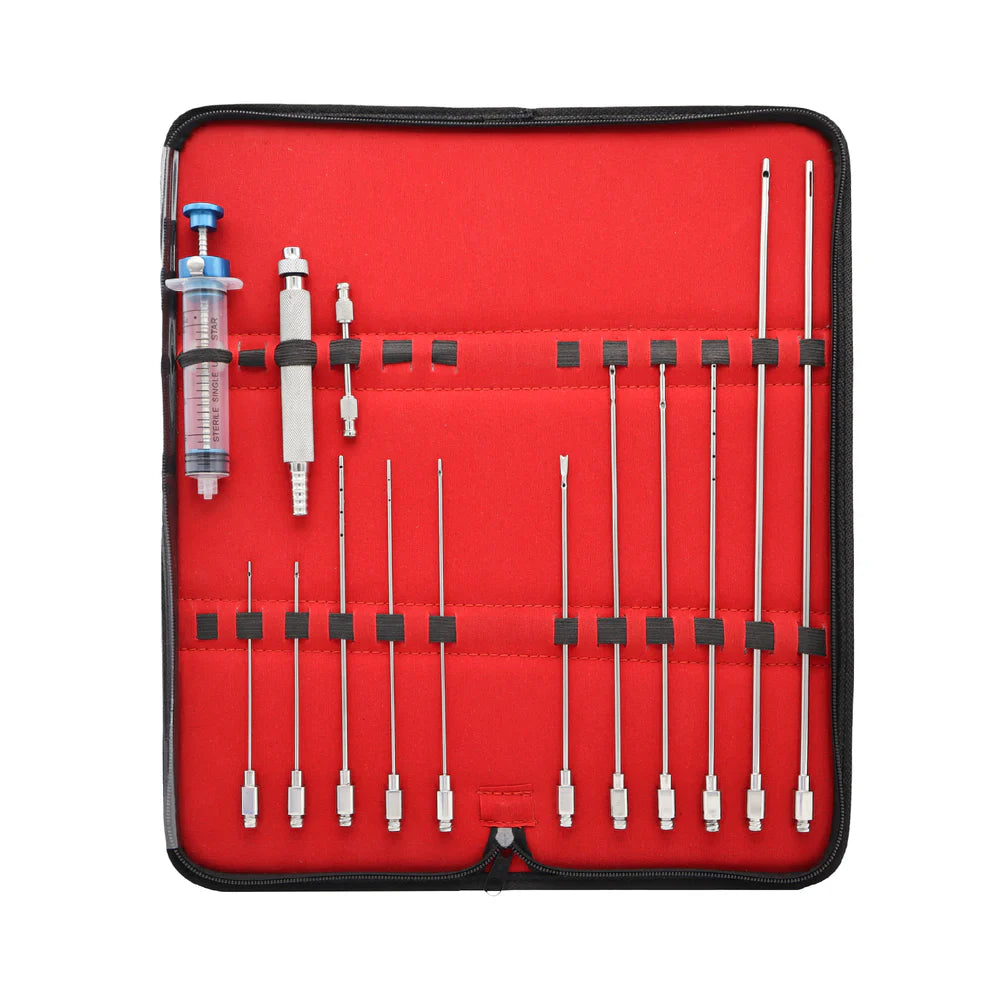 A set of 14 liposuction cannulas in various sizes, with a central hole and lateral holes, presented in a red storage case with a clear cover.
