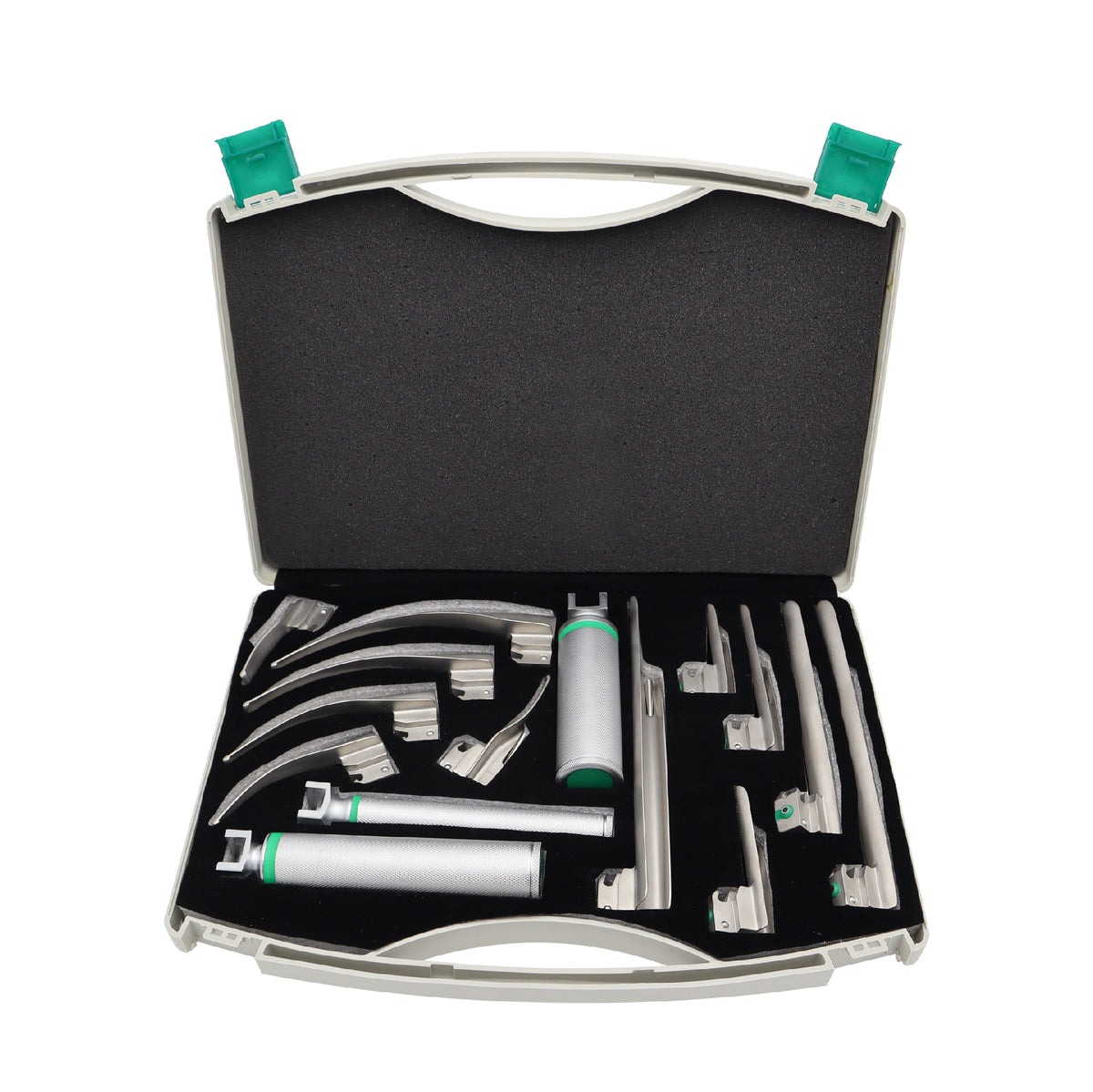 A set of 15 fiber optic reusable laryngoscope blades with Macintosh Miller design, displayed in an open black case with green handles.