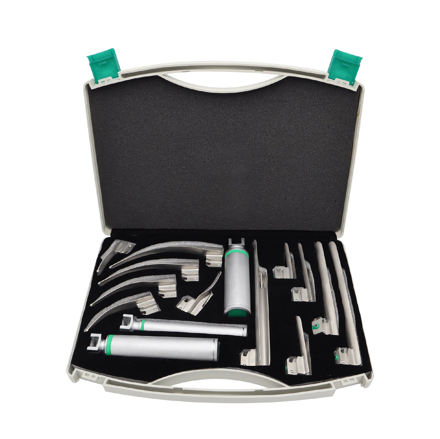 A set of 15 fiber optic reusable laryngoscope blades with Macintosh and Miller design, displayed in an open black case with green handles.