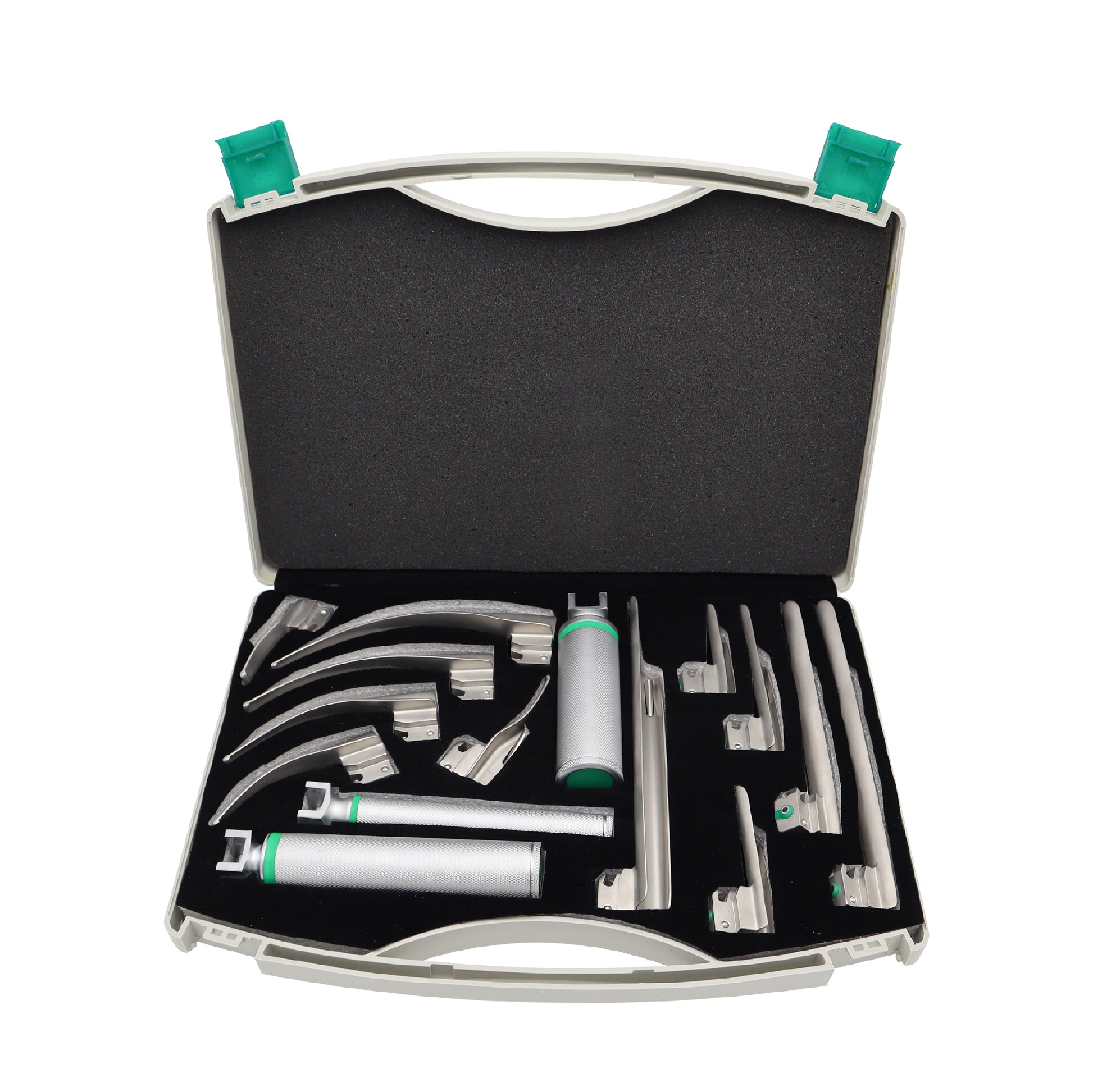A set of 15 fiber optic reusable laryngoscope blades with Macintosh and Miller design, displayed in an open black case with green handles.