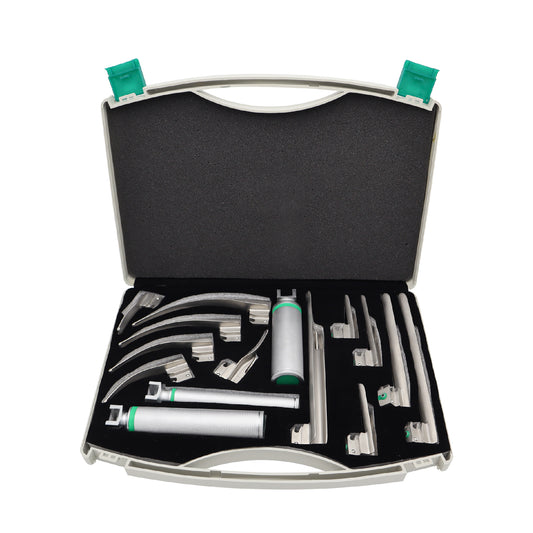 A set of 15 fiber optic reusable laryngoscope blades with Macintosh and Miller design, displayed in an open black case with green handles.