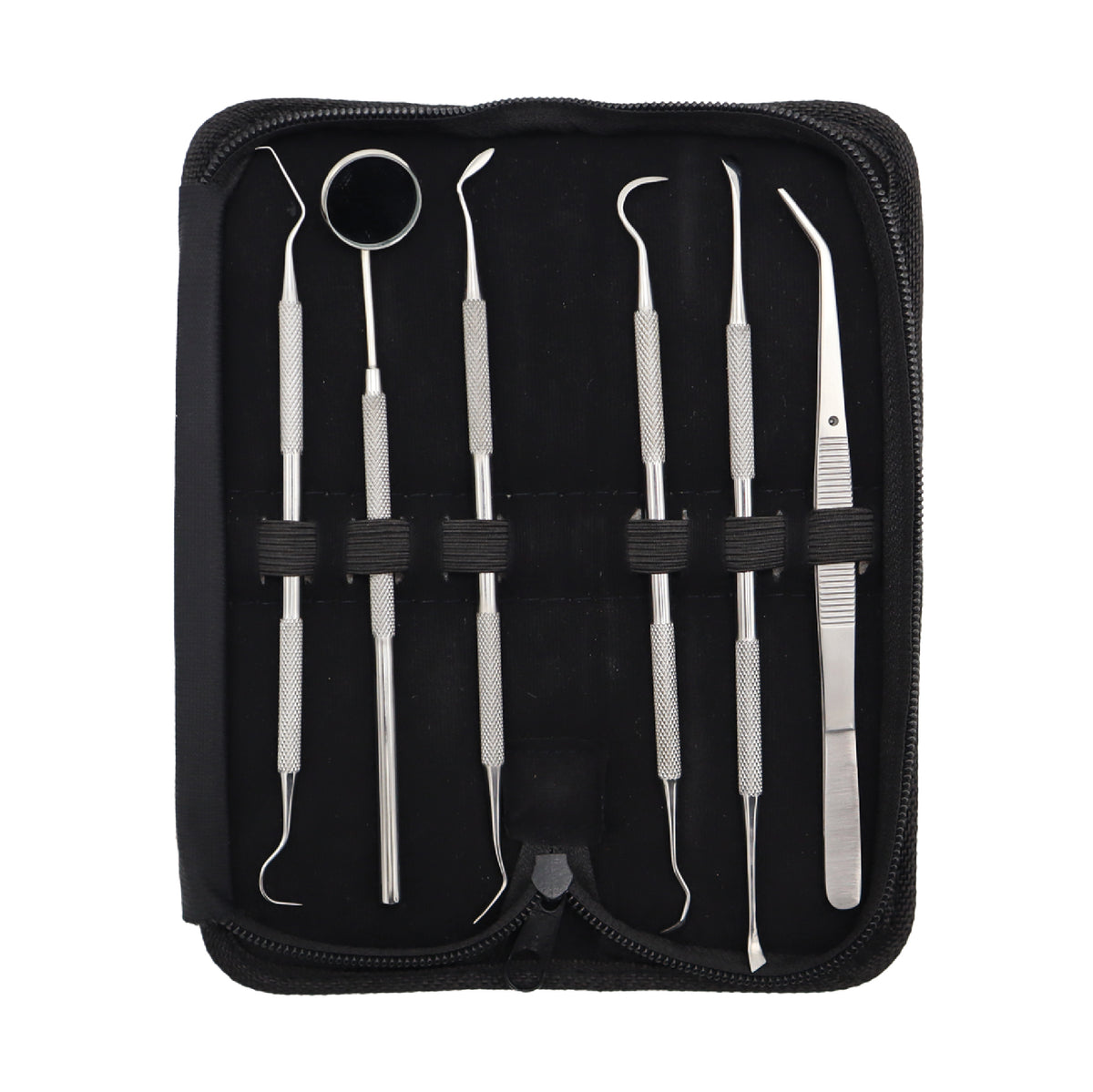 A set of dental student instruments including a dental pick, tweezer, mouth mirror, tartar scraper, and two types of tooth scrapers, all in stainless steel, neatly arranged in a black leather case.
