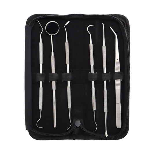 A set of dental student instruments including a dental pick, tweezer, mouth mirror, tartar scraper, and two types of tooth scrapers, all in stainless steel, neatly arranged in a black leather case.