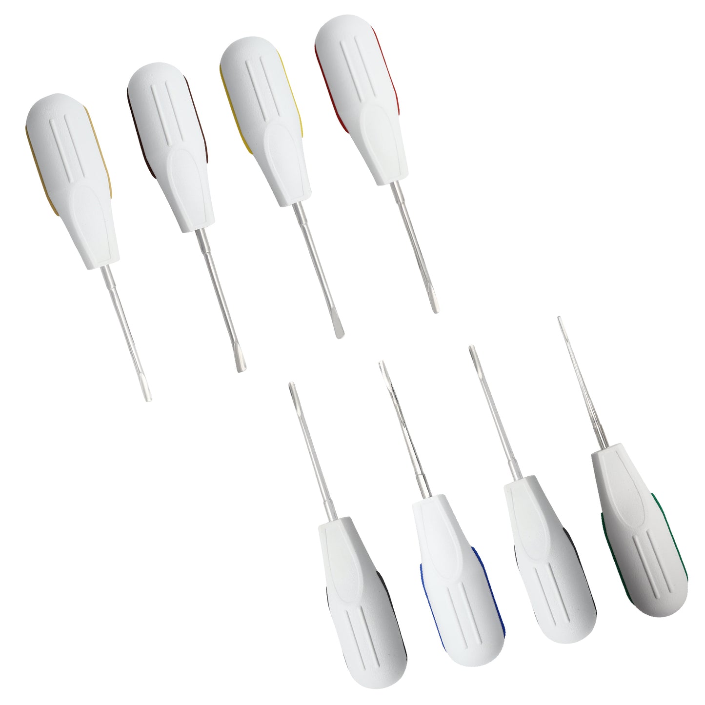 A set of eight white-handled luxating root elevators, with varying sizes, designed for dental use.