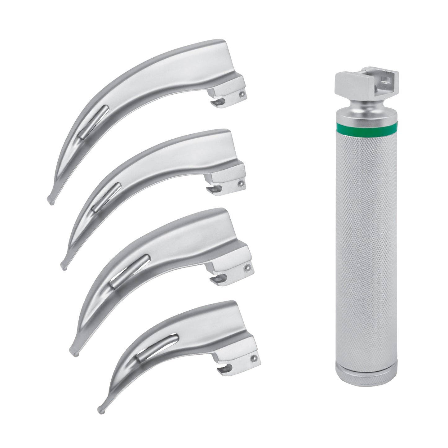 A set of four Macintosh blades with fiber optic light guides and a handle, intended for anesthesia procedures.
