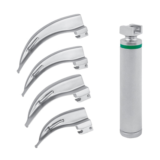 A set of four Macintosh blades with fiber optic light guides and a handle, intended for anesthesia procedures.