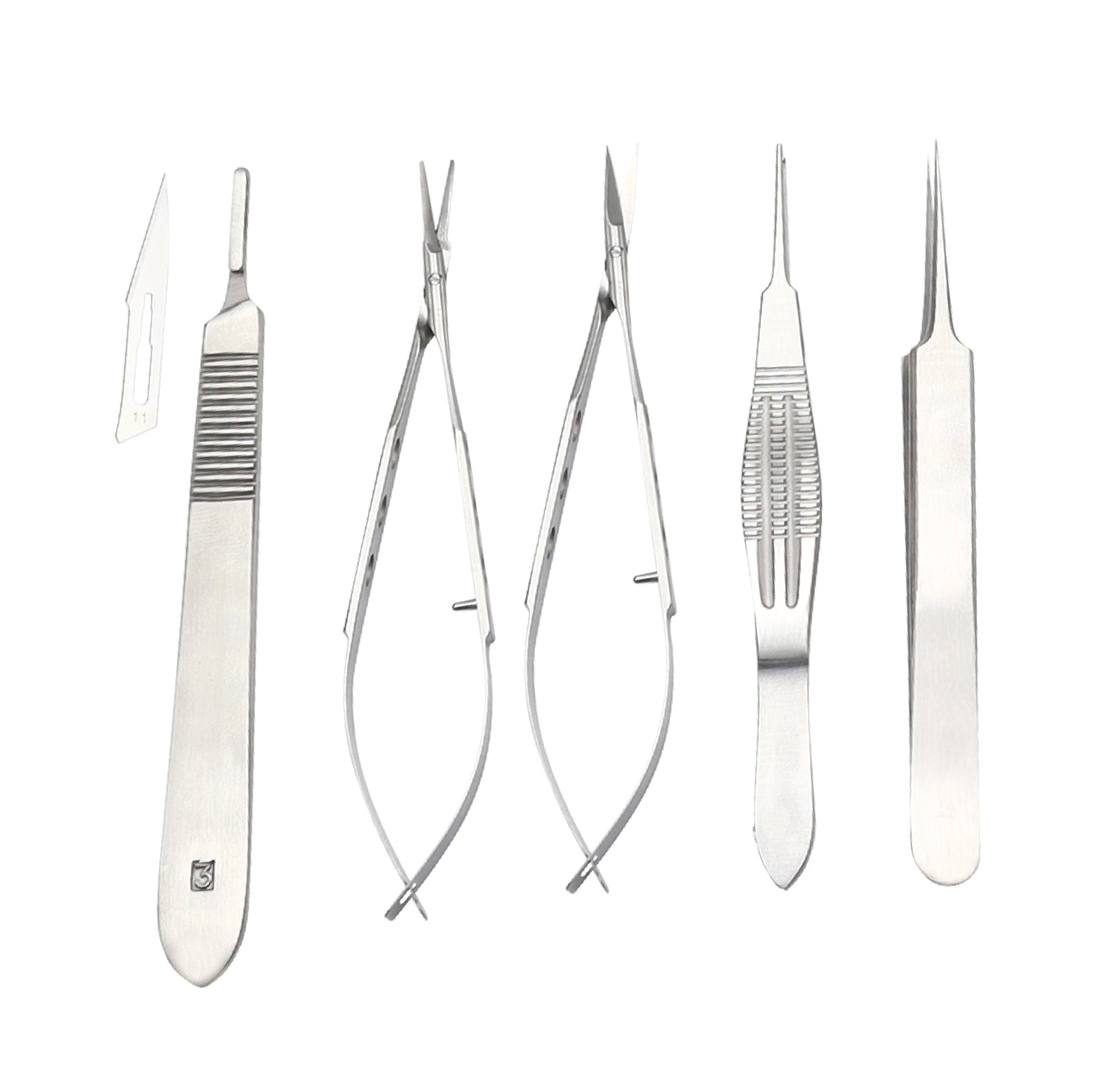 A set of seven stainless steel surgical instruments including forceps, scissors, and a scalpel, arranged on a white background.