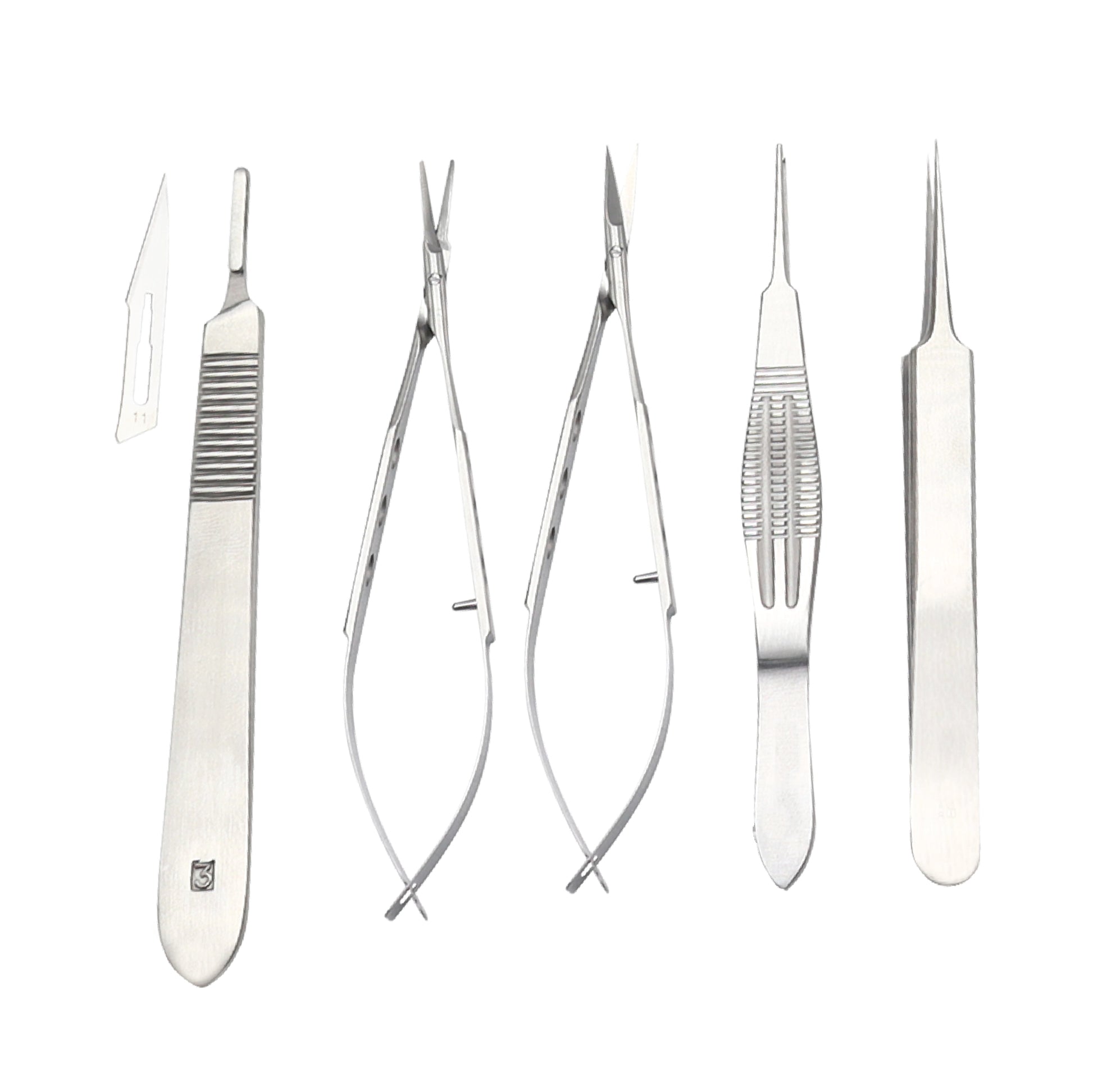 A set of seven stainless steel surgical instruments including forceps, scissors, and a scalpel, arranged on a white background.