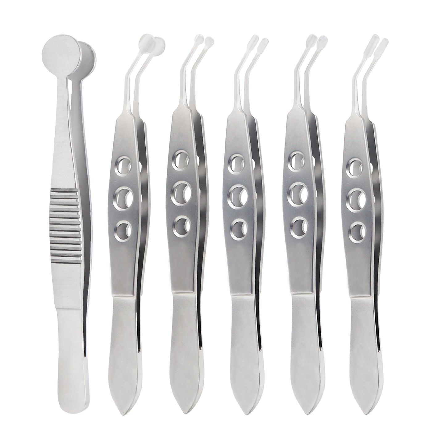 A set of six silver-colored Meibomian Gland Expressor Forceps, with various tip sizes and shapes, laid out on a white background.