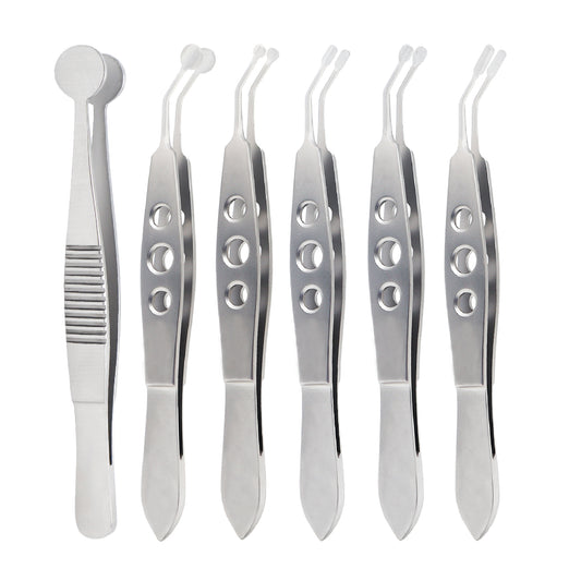 A set of six silver-colored Meibomian Gland Expressor Forceps, with various tip sizes and shapes, laid out on a white background.