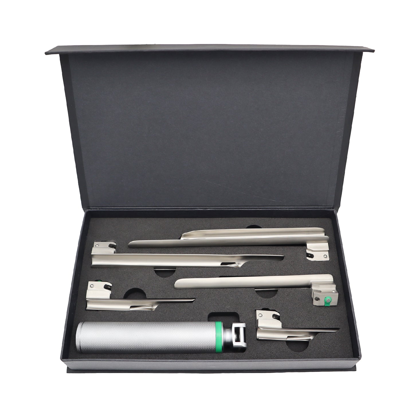 A set of stainless steel fiber optic laryngoscope blades in various sizes, presented neatly in a black case with a satin finish.