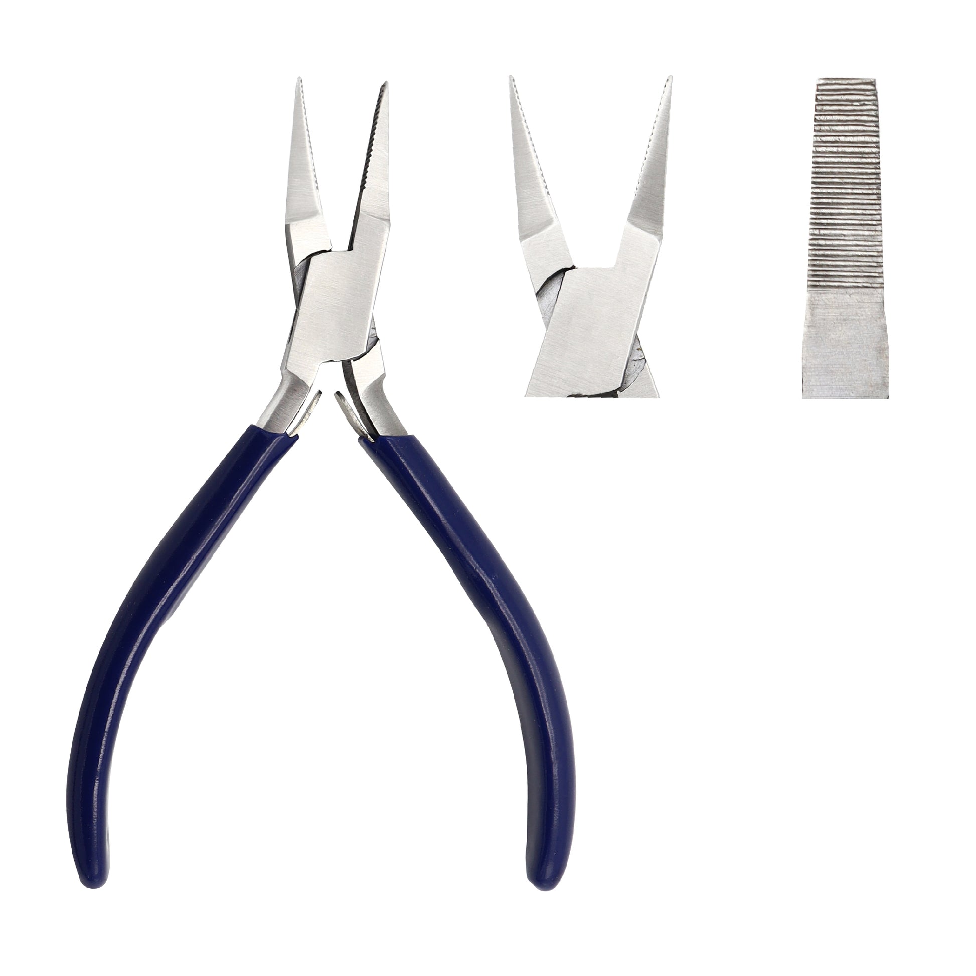 A set of three images showing a flat nose plier with serrated jaws and a spring mechanism. The plier has silver-colored metal parts and blue-colored handles.