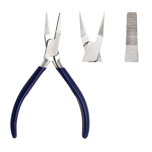 A set of three images showing a flat nose plier with serrated jaws and a spring mechanism. The plier has silver-colored metal parts and blue-colored handles.