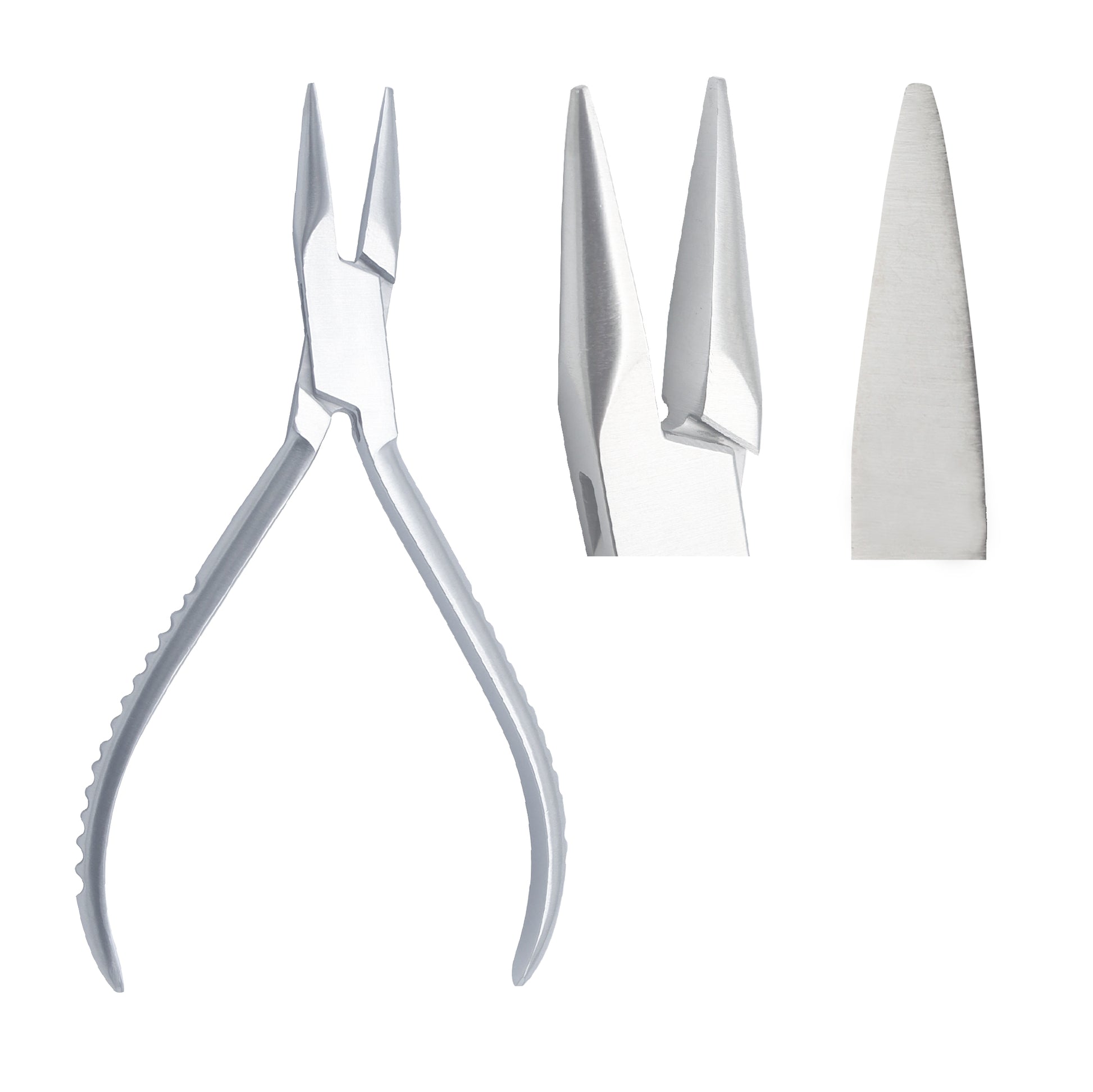 A set of three images showing a pair of silver-colored flat semicircular snip nose pliers. The images provide different angles of the pliers, demonstrating the tool's design and the grip handle.