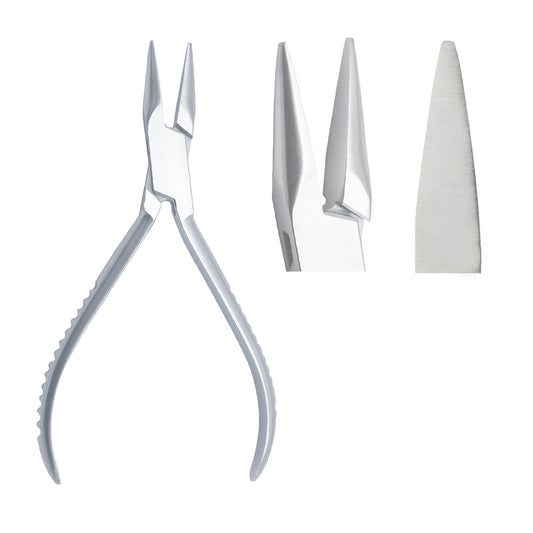 A set of three images showing a pair of silver-colored flat semicircular snip nose pliers. The images provide different angles of the pliers, demonstrating the tool's design and the grip handle.