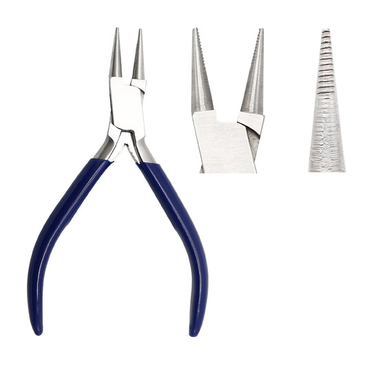 A set of three stainless steel hand tools including a round nose pliers with serrated jaws, a loop punch, and a pointed tip for bending and shaping wire.
