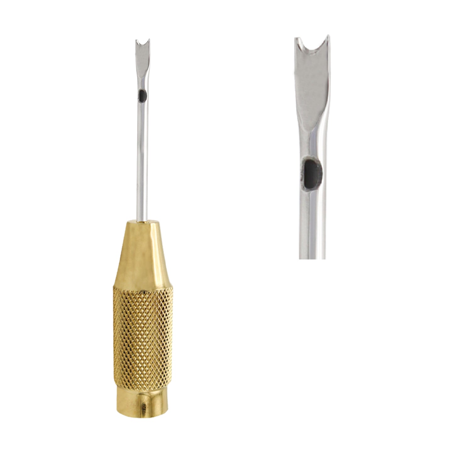 A specialized surgical instrument featuring a stainless steel cannula with a flat, duckbill-style spatula tip and one central port, attached to a textured, gold-toned threaded base for precision body sculpting.