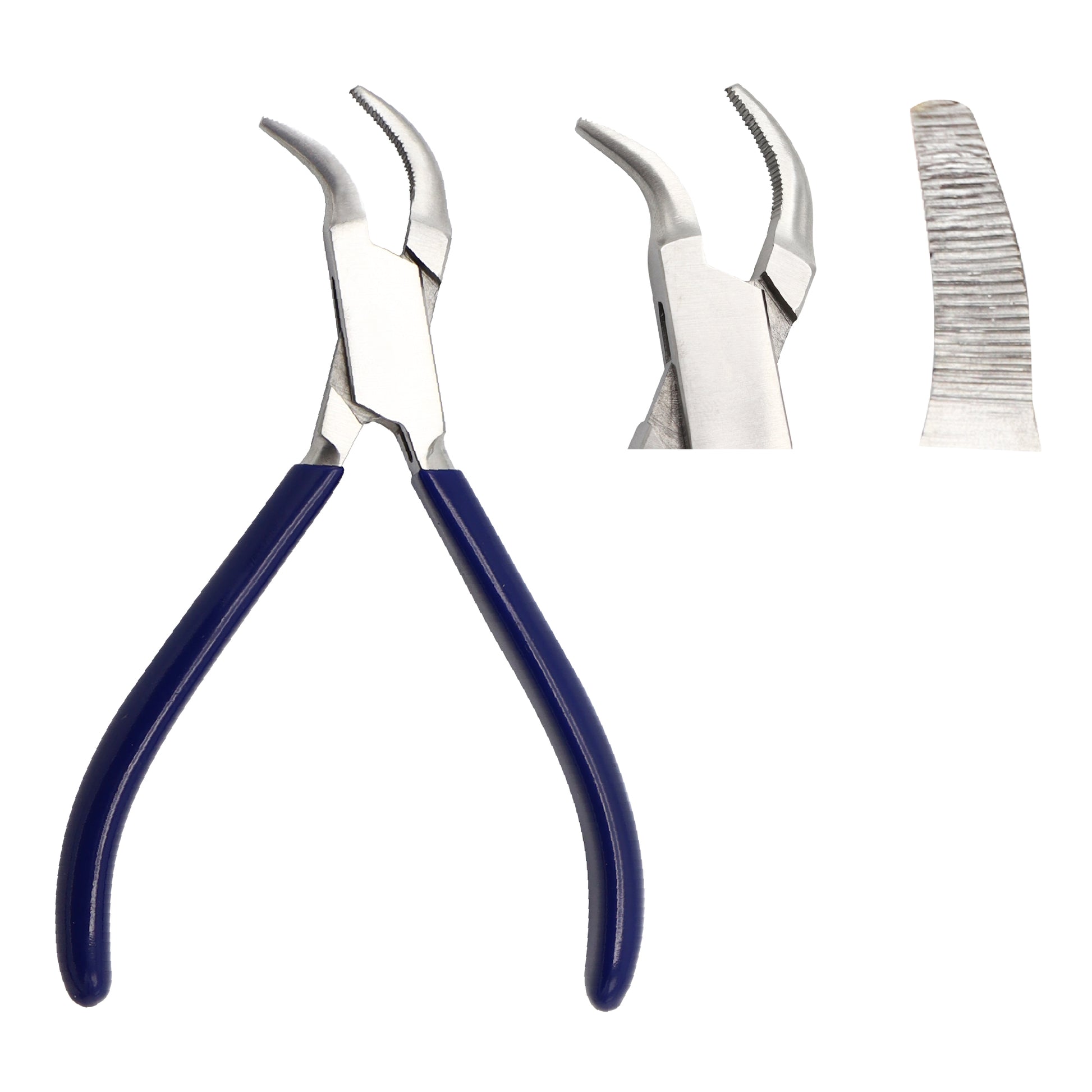 13cm side-angled bent nose pliers with serrated jaws and blue-coated ergonomic handles, specifically designed for precision gripping in jewelry making or surgical procedures.