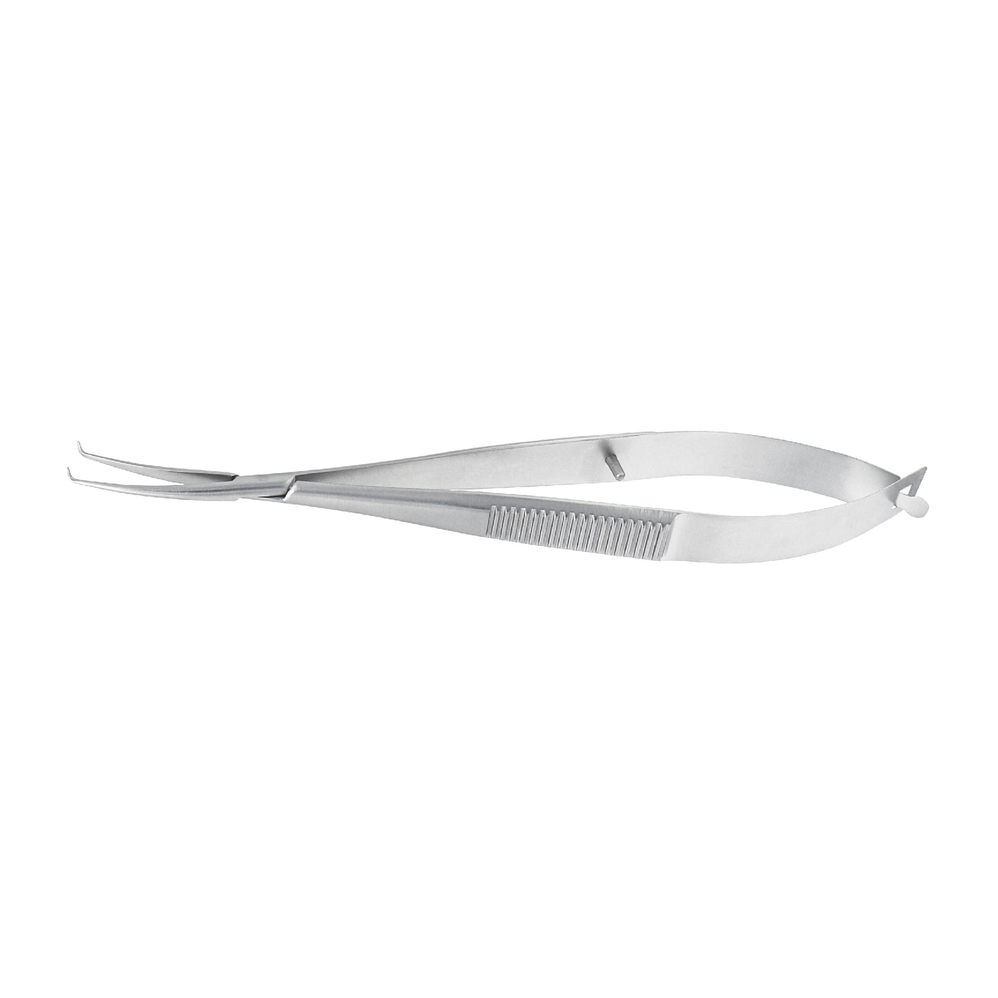 A pair of silver-colored Clayman Implantation Lens Forceps with a looped tip, isolated on a white background.