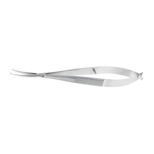 A pair of silver-colored Clayman Implantation Lens Forceps with a looped tip, isolated on a white background.