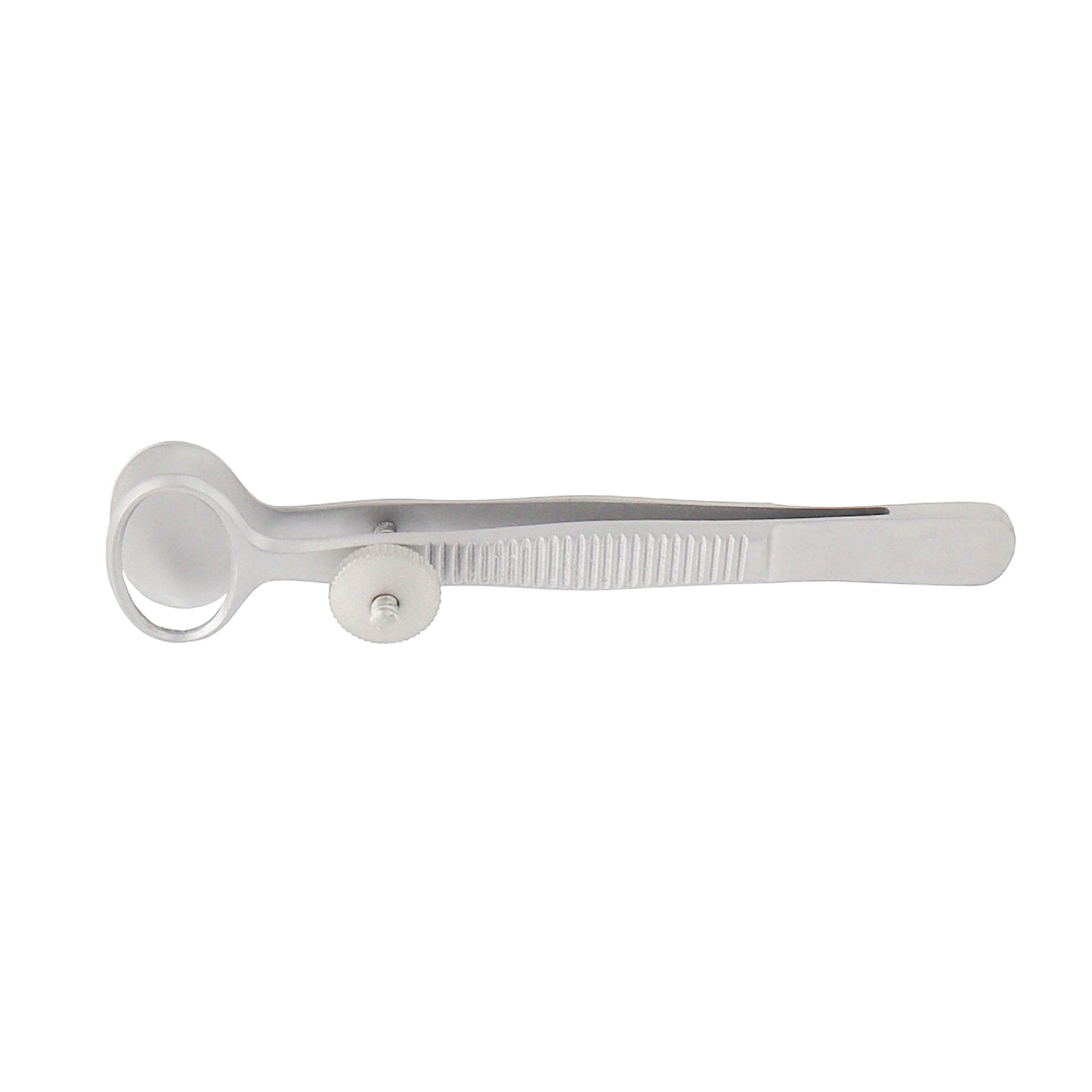 A silver-colored oval-tip chalazion forceps with a tightening screw, used for immobilizing the eyelid and exposing chalazions.