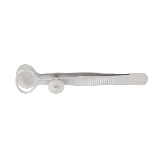 A silver-colored oval-tip chalazion forceps with a tightening screw, used for immobilizing the eyelid and exposing chalazions.
