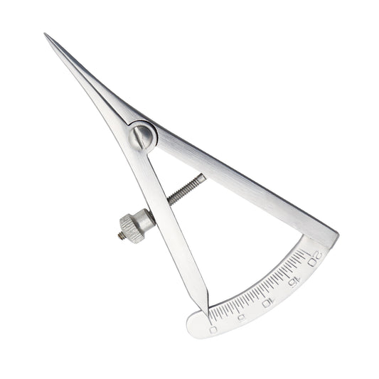 A silver-colored Castriviejo Caliper with a 20mm measuring range, designed for precision in surgical procedures.