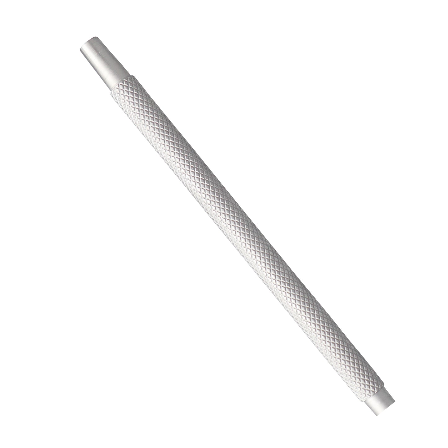 A silver-colored infusion handle designed for ophthalmic equipment with male-female connectors.
