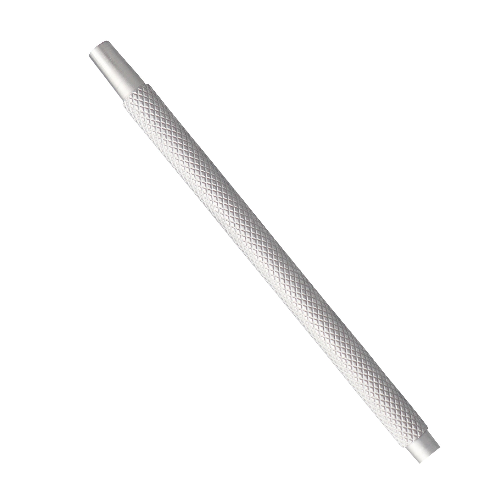 A silver-colored infusion handle designed for ophthalmic equipment with male-female connectors.
