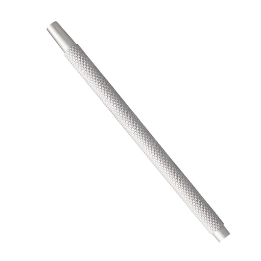 A silver-colored infusion handle designed for ophthalmic equipment with male-female connectors.